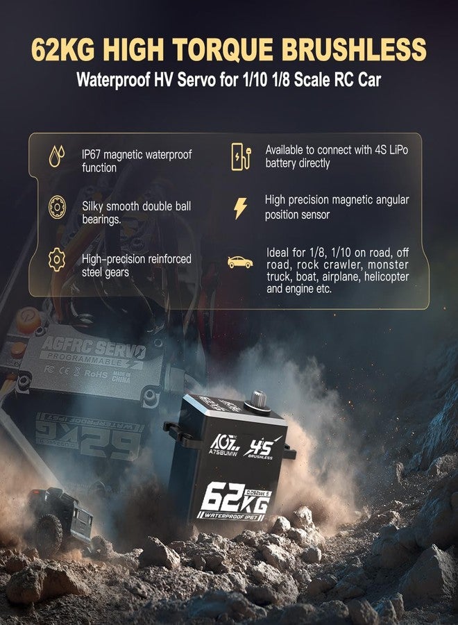 AGFRC 62KG Waterproof Steering-Servo-Motor High-Torque - 16.8V Full Metal Gear Brushless Digital RC Servo for 1/10 1/8 RC Car, Control Angle 180° (A75BUMW) - Image 3